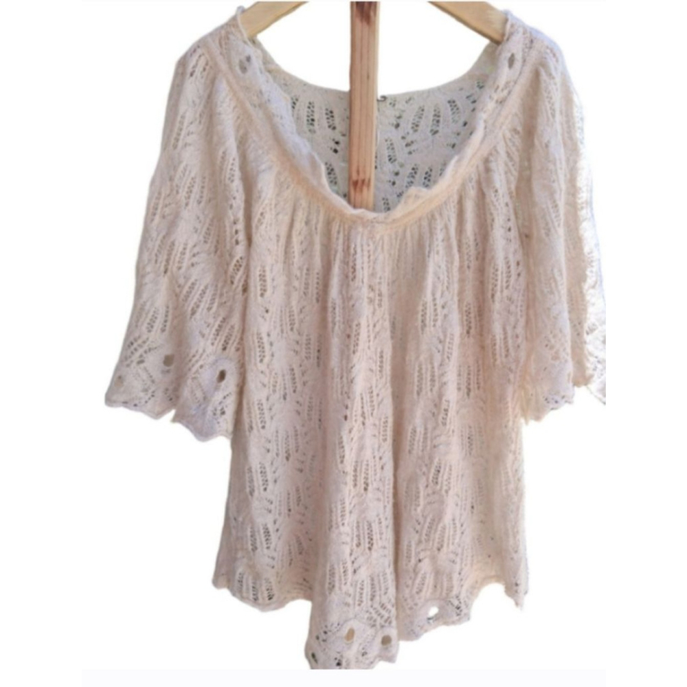 Free People Cream Open-Knit Scoop Neck Sweater